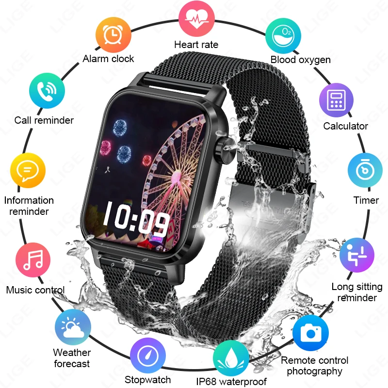 

Смарт-часы LIGE: Фитнес-трекер, монитор здоровья, фонарик, Bluetooth-звонки, водонепроницаемость IP68. Распродажа. Мужские смарт-часы.