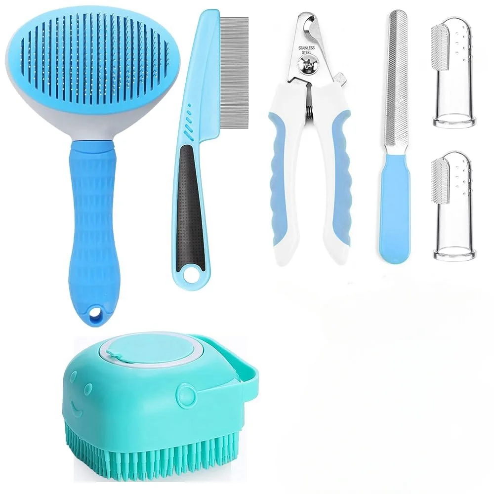 7-piece cat and dog brush beauty set, pet self-cleaning brush with pet nail clippers and files, flea dog comb, pet shower brush