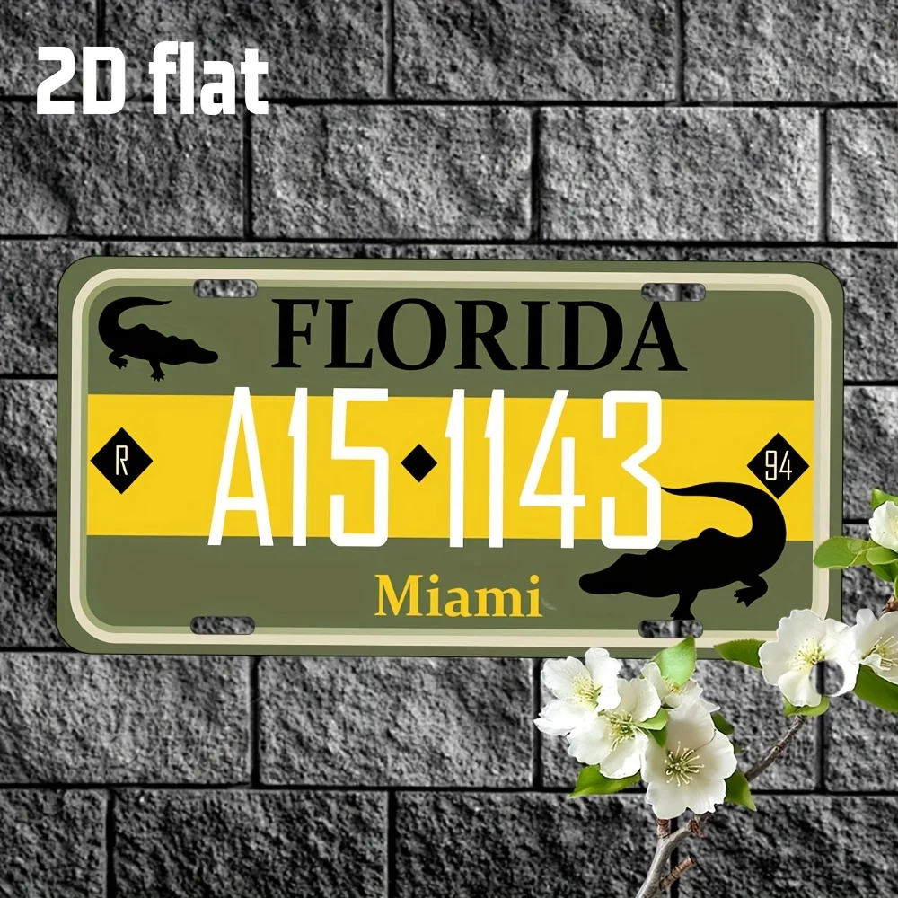 Retro Aluminum Metal Plaque - Waterproof Wall Art with  Florida License Plate Design (A1514 MIAMI), Alligator & Cherry Blossom