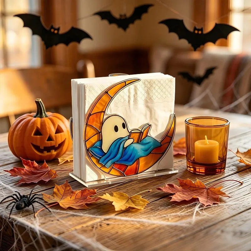 Vintage Halloween Cat Pumpkin Ghost Acrylic Napkin Holder Tissue Table Kitchen Dining Room Spooky Tabletop Party Home Decor
