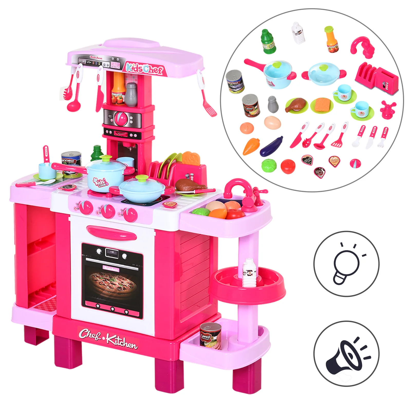 Homcom Küchenspielset für Kinder ab 3 Jahren, Lehrreiches Rollenspiel mit 38 Zubehörteilen, Rosa