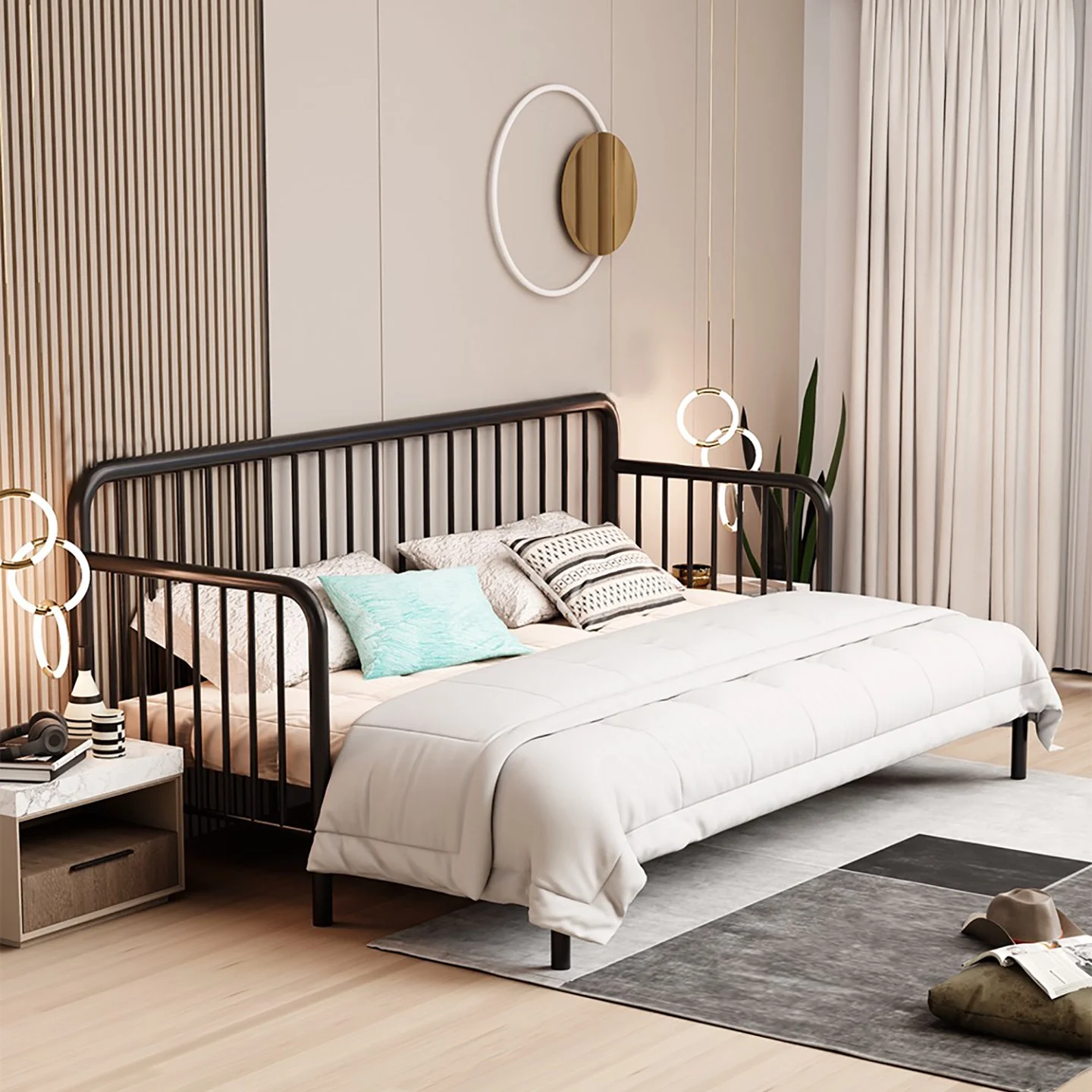 Small apartment single wrought iron sofa bed folding sitting and lying dual-purpose 2025 telescopic iron frame bed new pull-out view 2