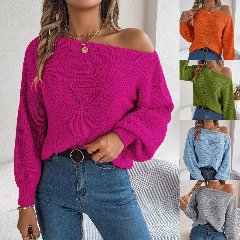 

2023 Autumn and Winter Knitted Sweater Casual Hollow out Pullover Women's Off Shoulder Oblique Neck Lantern Sleeve Pullover