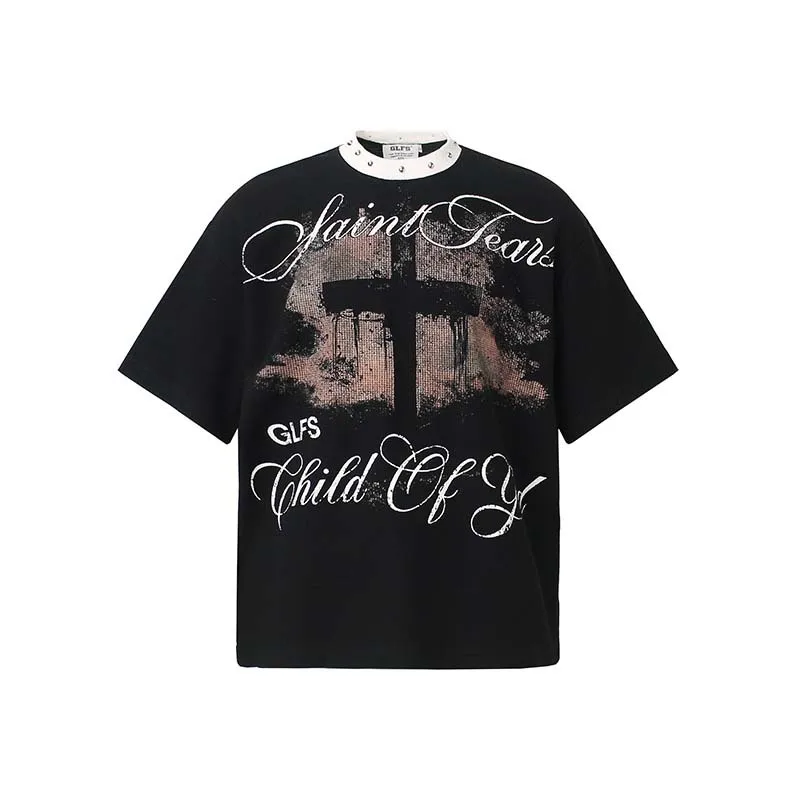 Men's Fashion High Street Hip Hop T Shirt Streetwear Graffiti T Shirts With Rivets Loose Fit Vibe Style Y2K Short Sleeve Tops