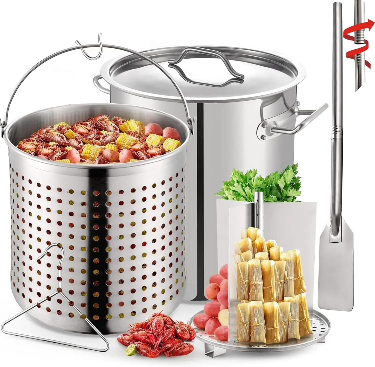 ARC 100quart Large Stainless Steel Stockpot with 48 inch Mixing Paddle for Seafood Boiler Crawfish Pot with Basket and Steam Rac