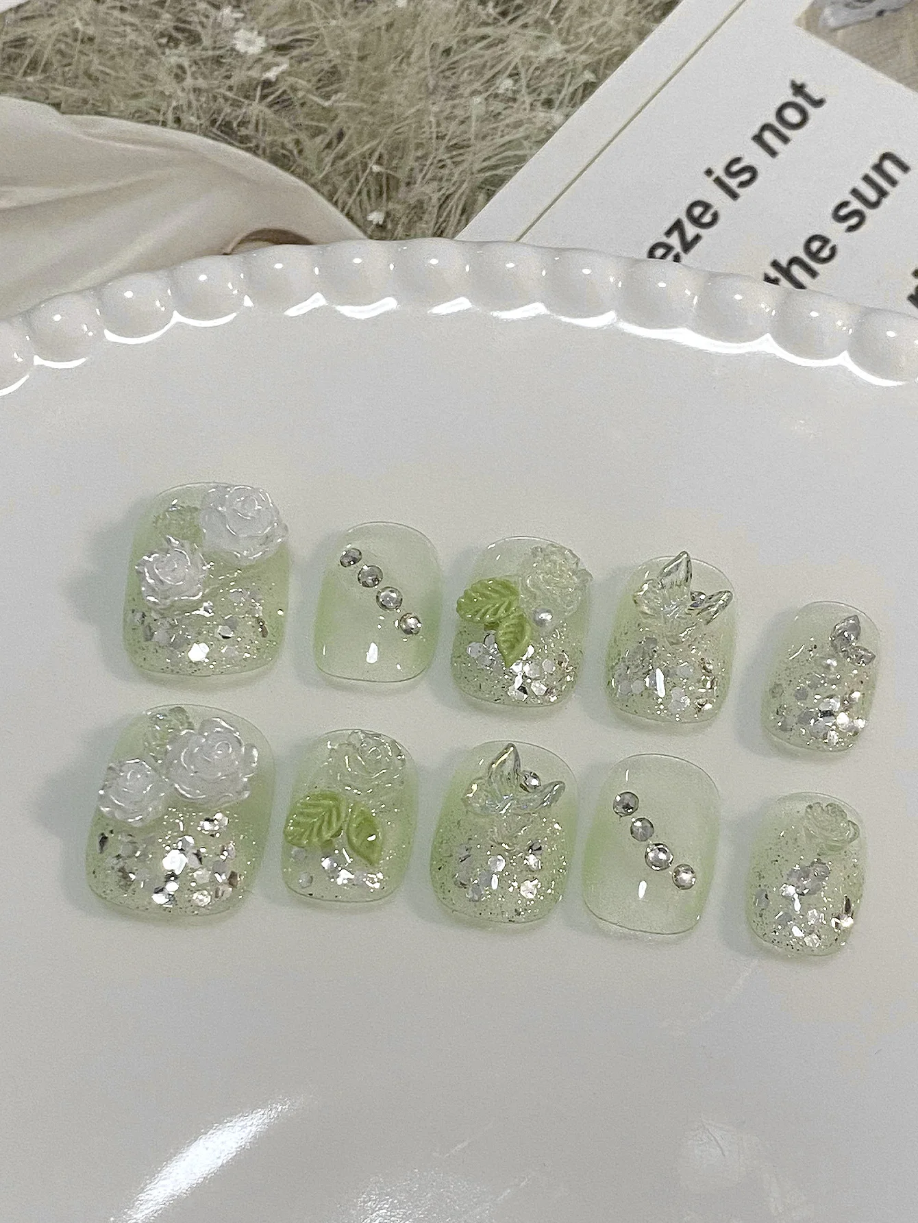 Short Square Press On Nails, Sheer Mint Green Sparkly False Nails, 3D White Rose, Butterfly and Leaf Rhinestone Design