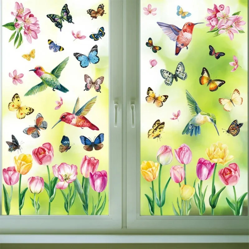 Window Film Stained Glass Film Frosted Privacy Decorative Window Cling No Glue Removable Window Stickers Tulip Flow