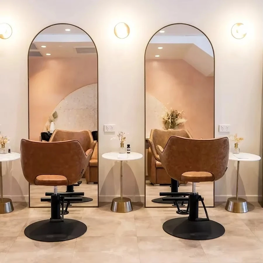 Modern Double-Sided LED Salon Mirror Station for Barber & Hair Styling Wood & Glass 1 Year Warranty