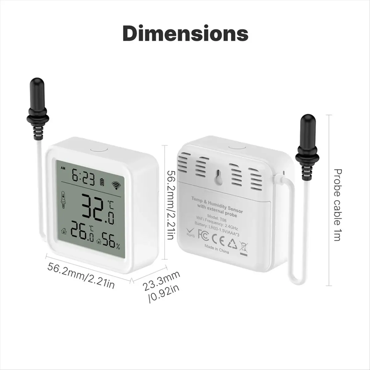 ABGN Tuya WiFi Temperature Humidity Sensor 1M External Sensor Cable Probe App Remote Monitor Work for Home