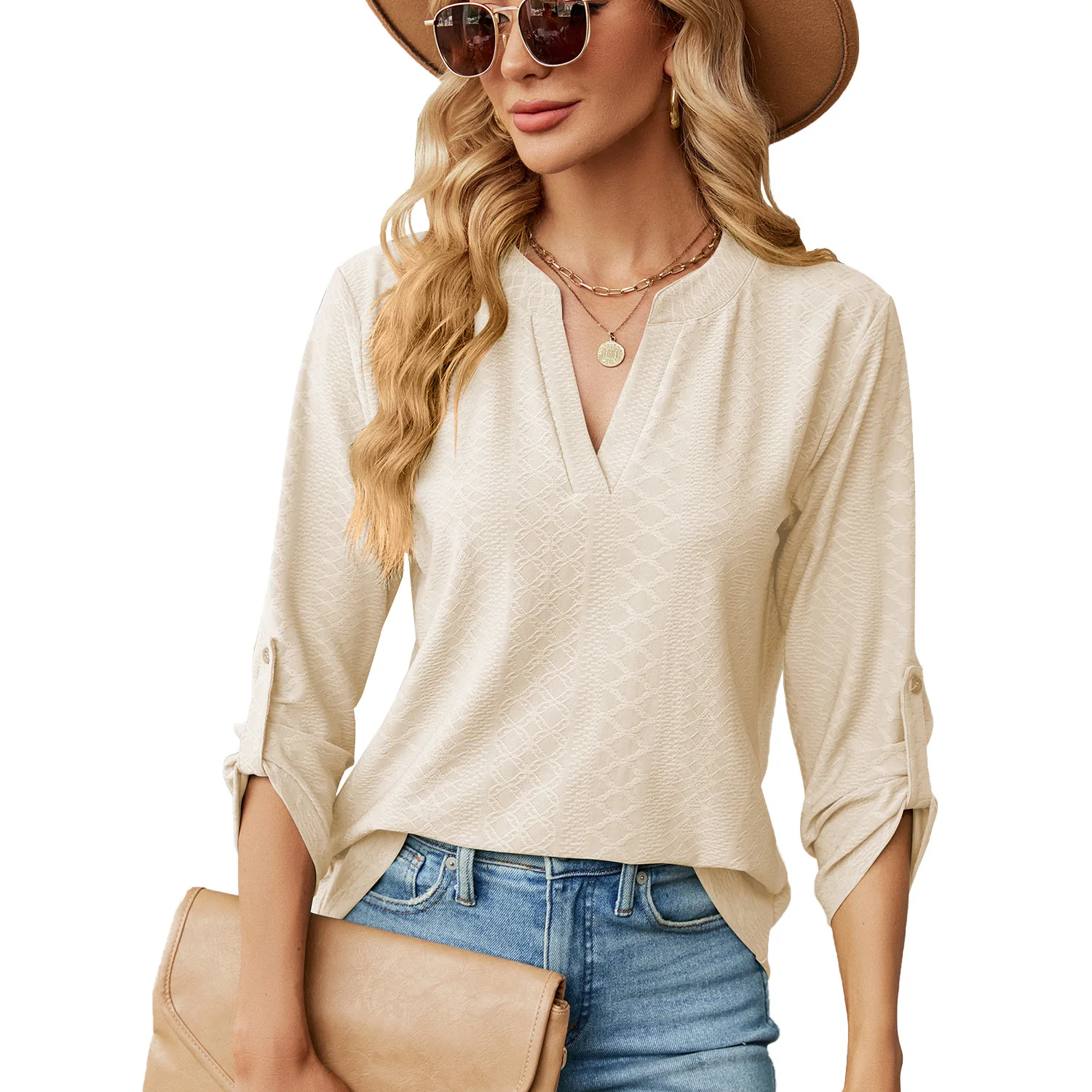 2025 Autumn and Winter New Solid Color V-neck Seven-quarter Sleeve Button Loose T-shirt Top Women's Europe and America