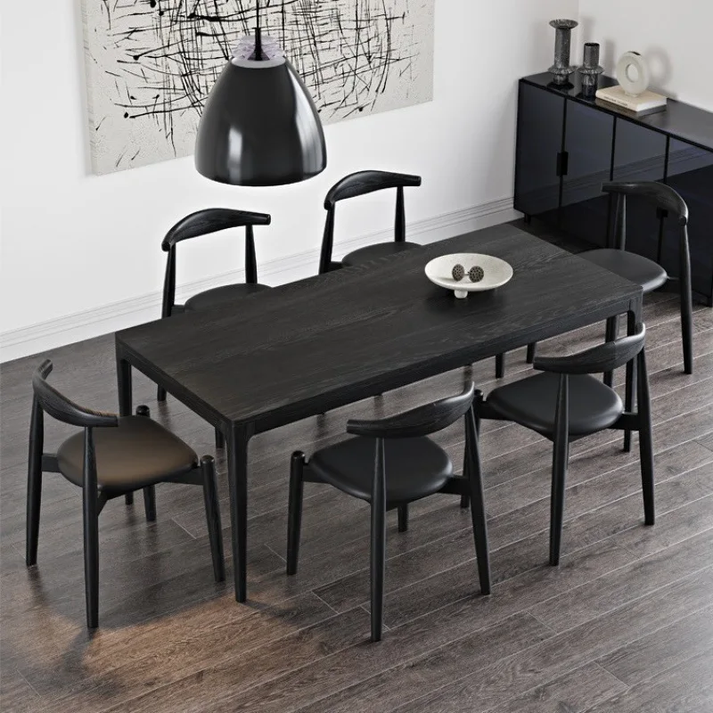 Log dining table Black rectangular desk Ash wood dining table Solid wood negotiation table