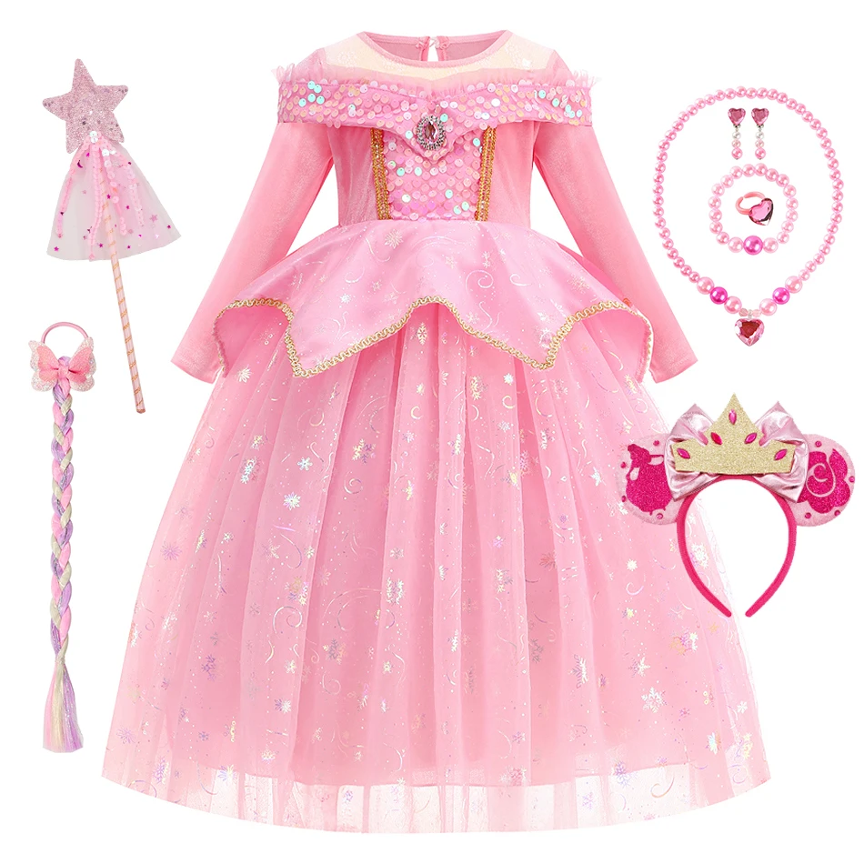 Aurora Pink Princess Dress Girls Cosplay Long Sleeves Sequin Mesh Ball Gown Children Birthday Halloween Carnival Party Clothes
