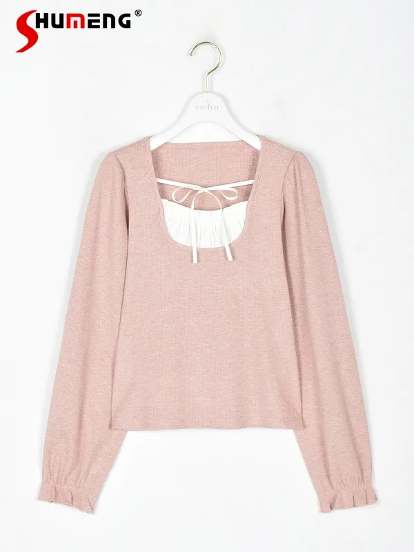 Japanese Sweet Stitching Knitted Top 2024 Early Spring New Elegant Square Collar Simple Splicing Long Sleeve Pullover Knit Shirt