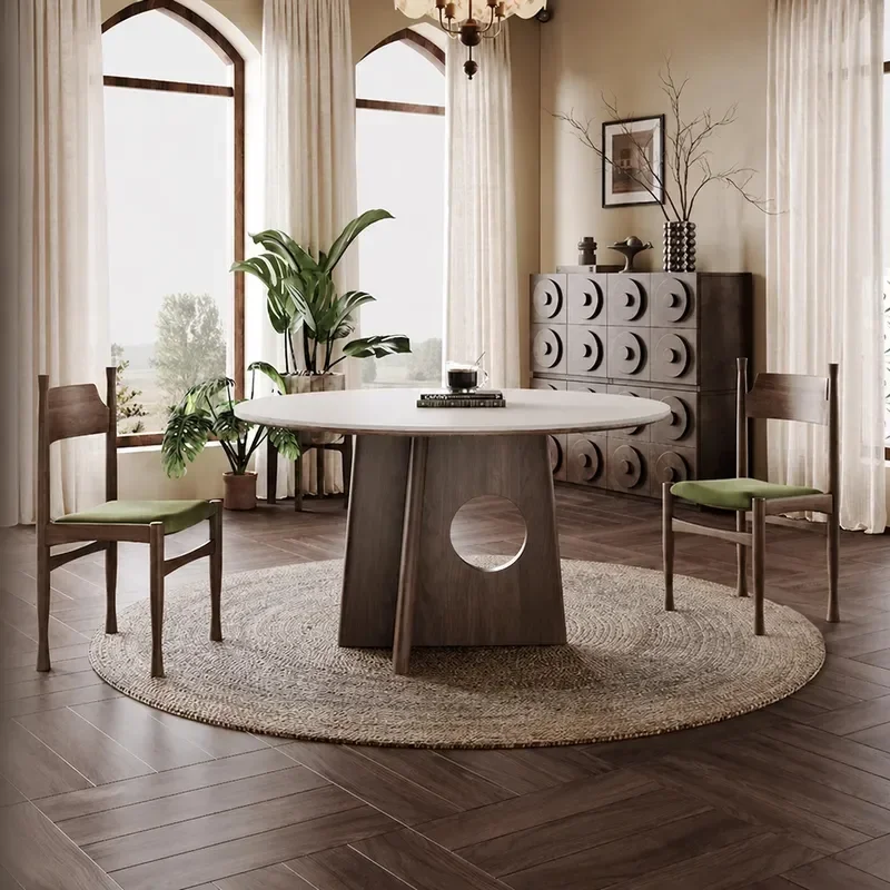 Round Slate Dining Table Ash Walnut Solid Wood Italian Nordic Style Small Apartment Medieval Wabi Sabi Design