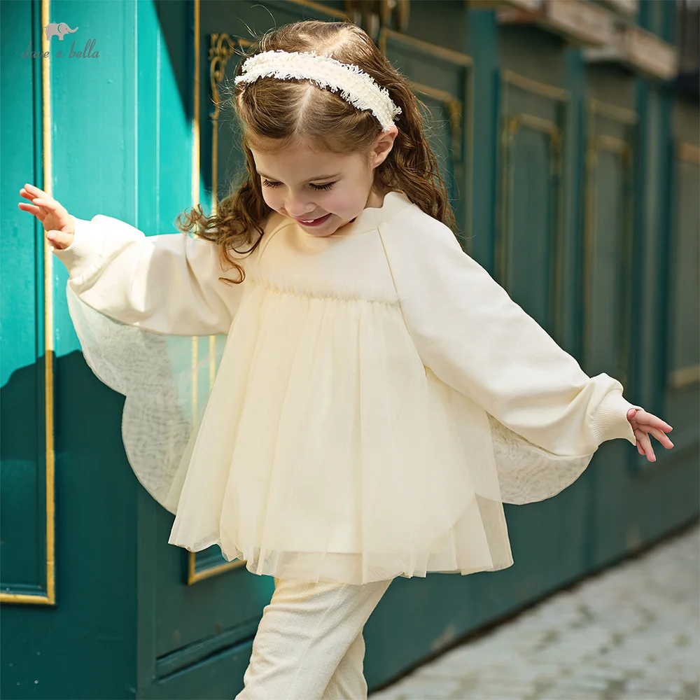 Dave Bella Girls Mesh Pullover Autumn Spring Children Elegant Sweatshirt Lace Collar Fashion Outdoor Top Kids Clothing DB1260381