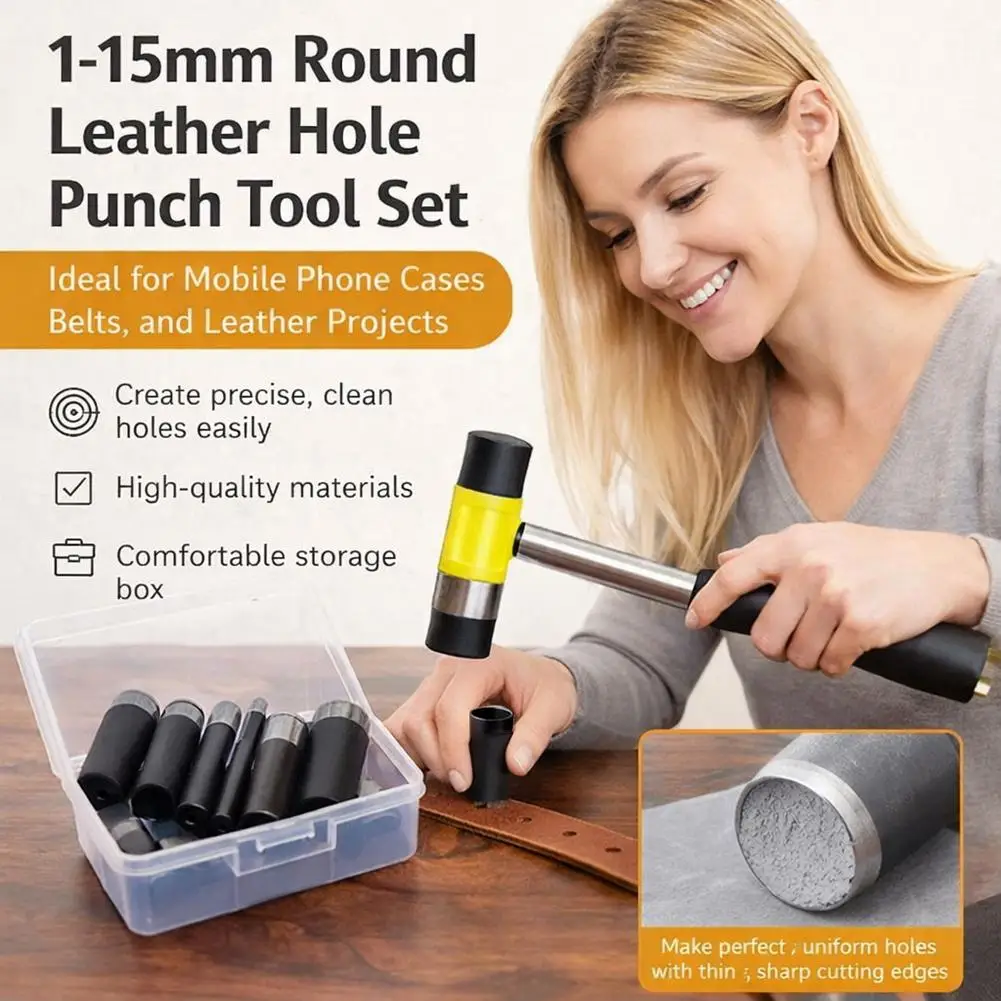 1-15mm Hollow Leather Punch Set 15pcs Round Hole Punching Die Stainless Steel Belt Watch Band DIY Leather Craft Punch Tool