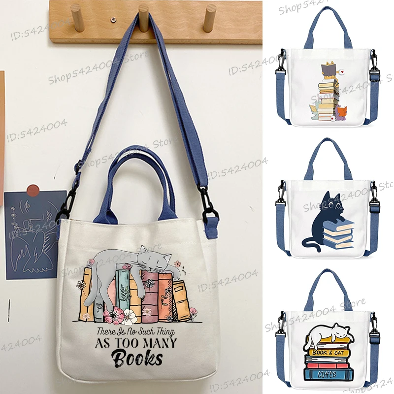 Canvas Tote Bag Vintage Cat and Books Print Crossbody Shoulder Bags Kids Cartoon Cat Trend Bookworm Gift Women Handbags