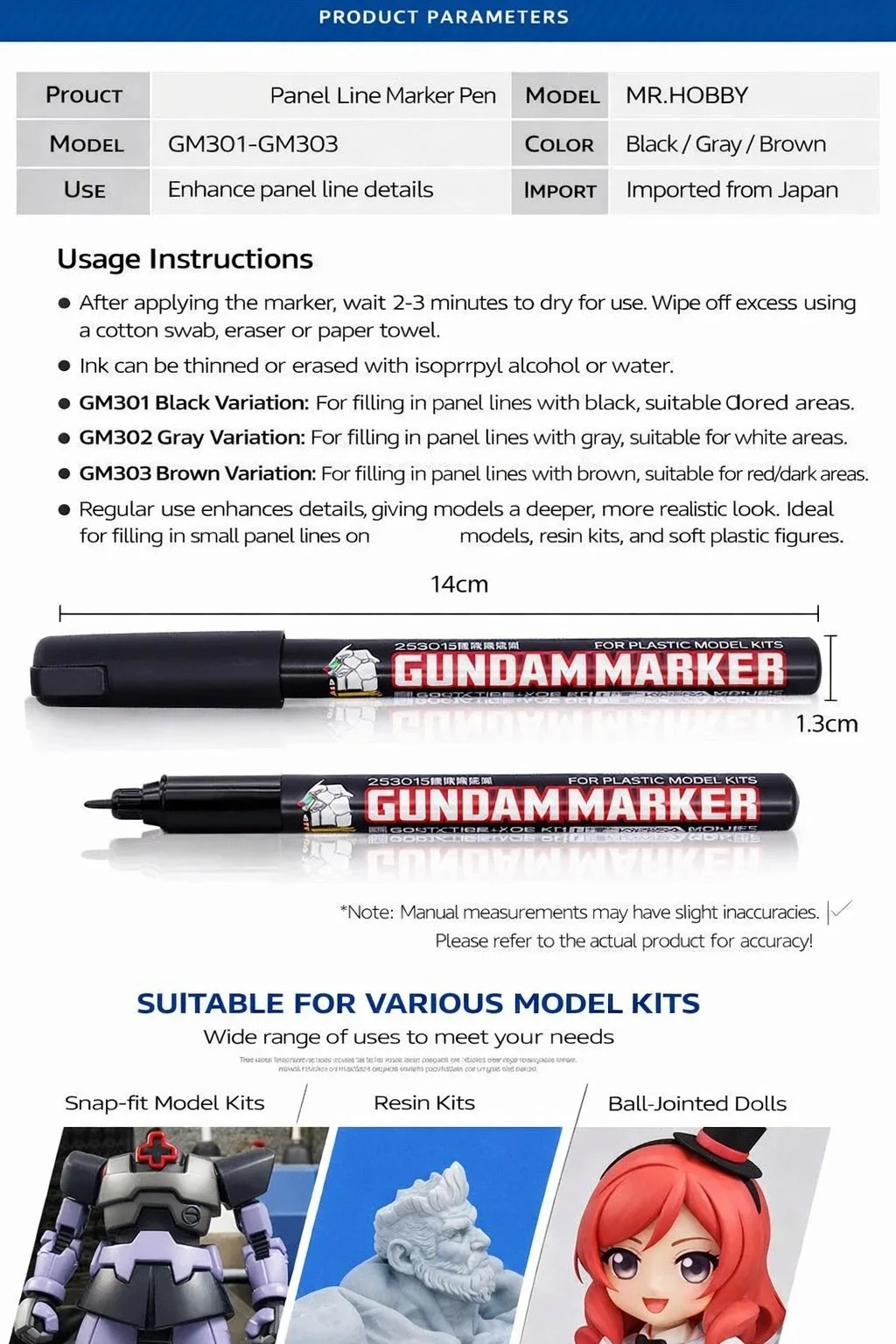 Mr.Hobby GM300~GM303 Panel Line Accent Marker Pen, flüssiger, ölbasierte Marker für Gundam, Militär- und Plastikmodellbausätze, Feindetailwerkzeuge – Detail 9