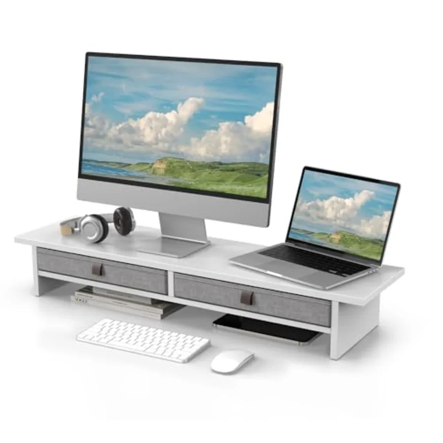 Dual monitor stand with drawer for home and office use aluminum alloy black 35-inch dual-tier riser supporting monitors laptop