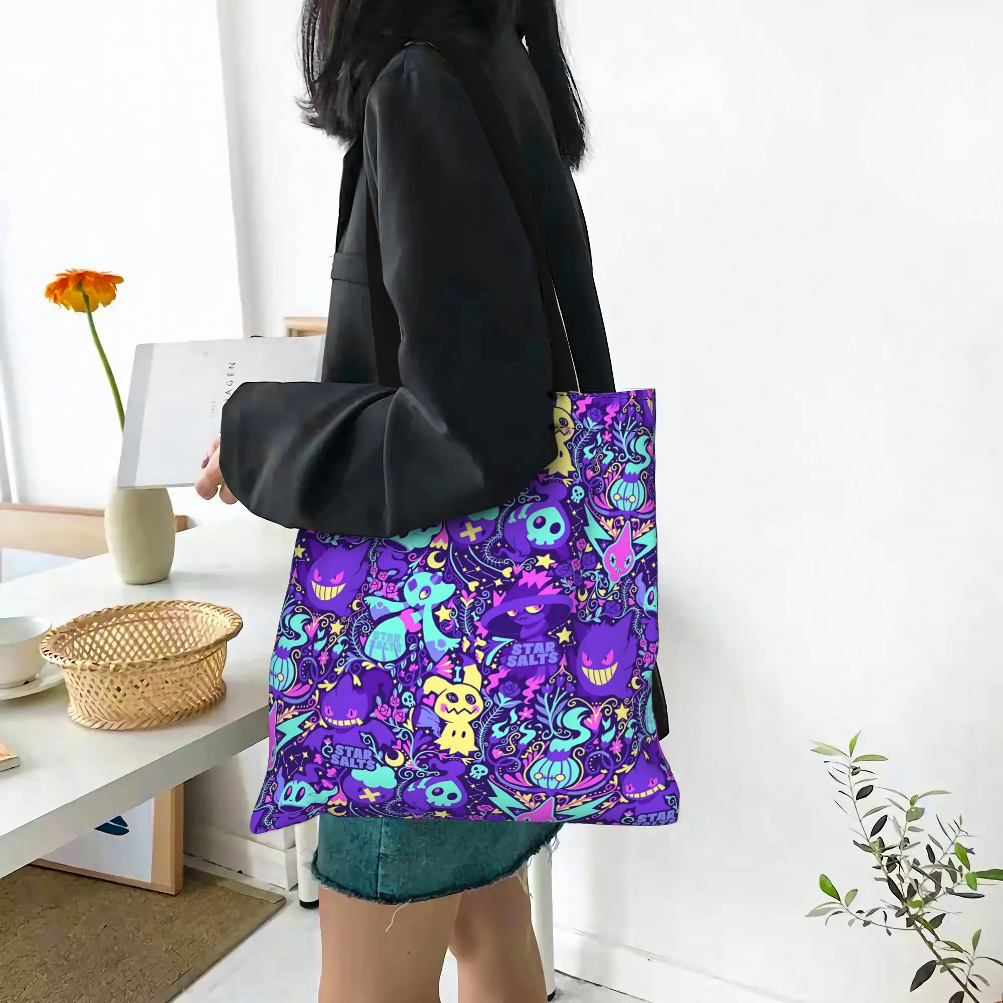 Customized Pokemon Gengar Women's Bag Shopping Bag Reusable Double Sided Canvas Tote Bag Shoulder  Handbag