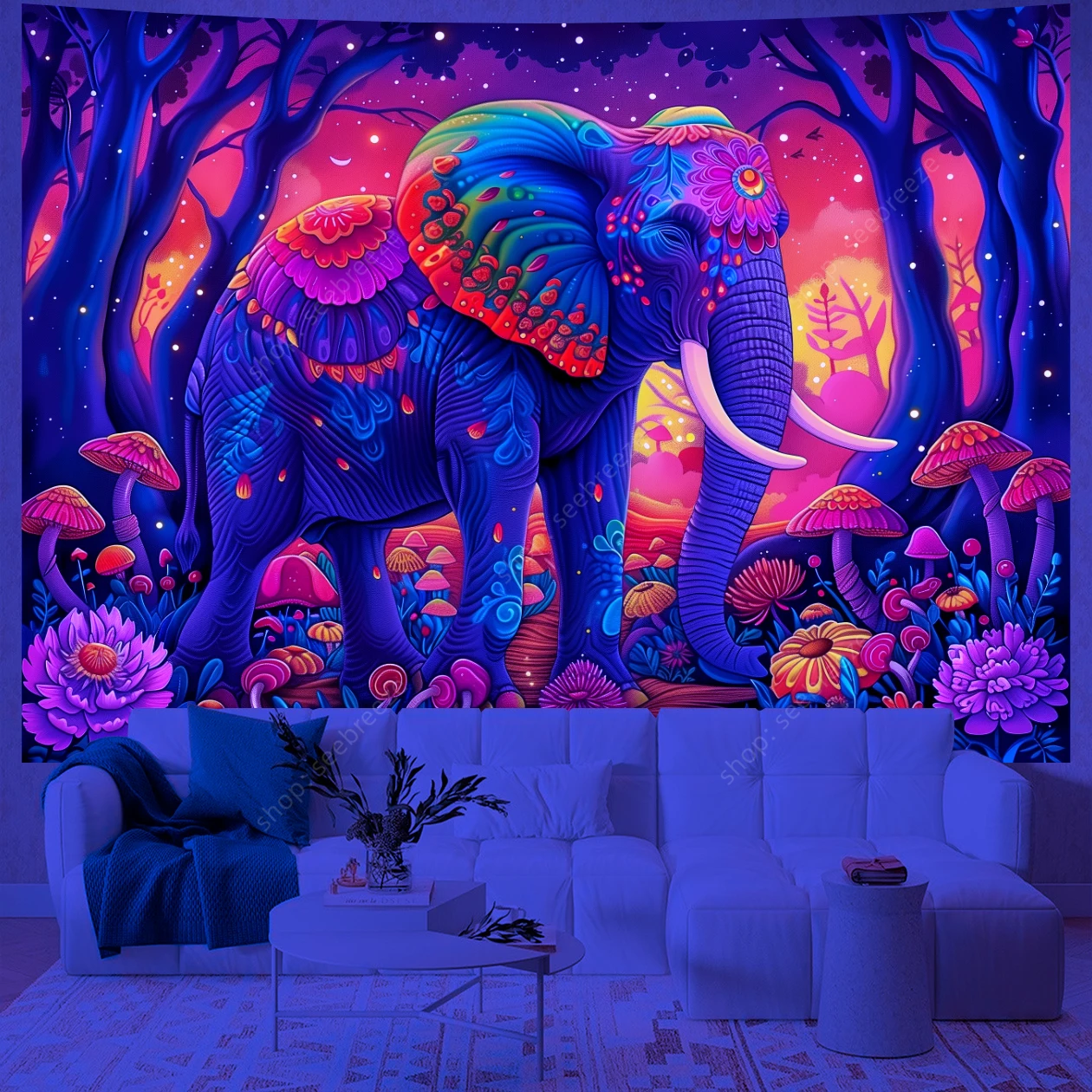 Elephant UV Reactive Tapestry Psychedelic Forest Flower Tapestry Wall Hanging for Kawaii Room Decor Aesthetic Bedroom Wall Decor
