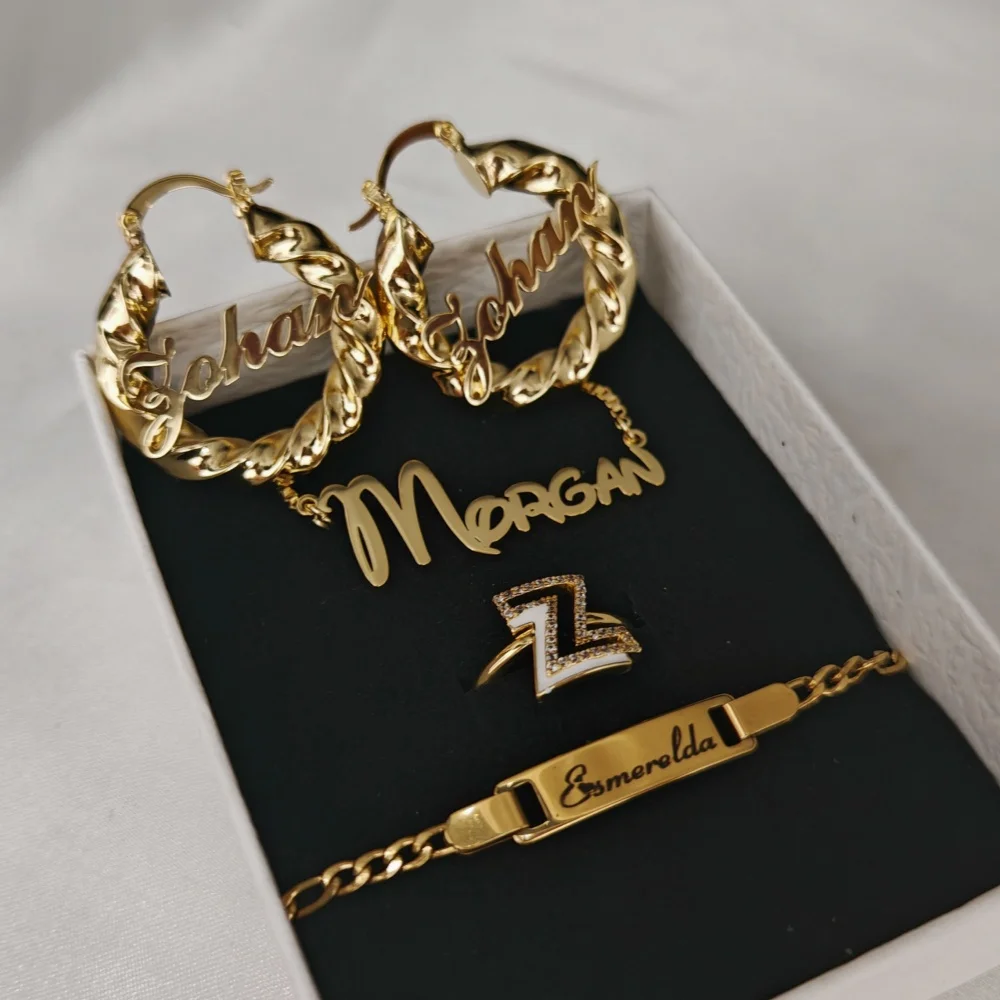 LeeChee-Custom Name Hoop Earrings, Gravado Pulseira Cuff, Branco Esmalte Conjunto De Jóias Anel, Colar, Torção, 30mm, 4Pcs