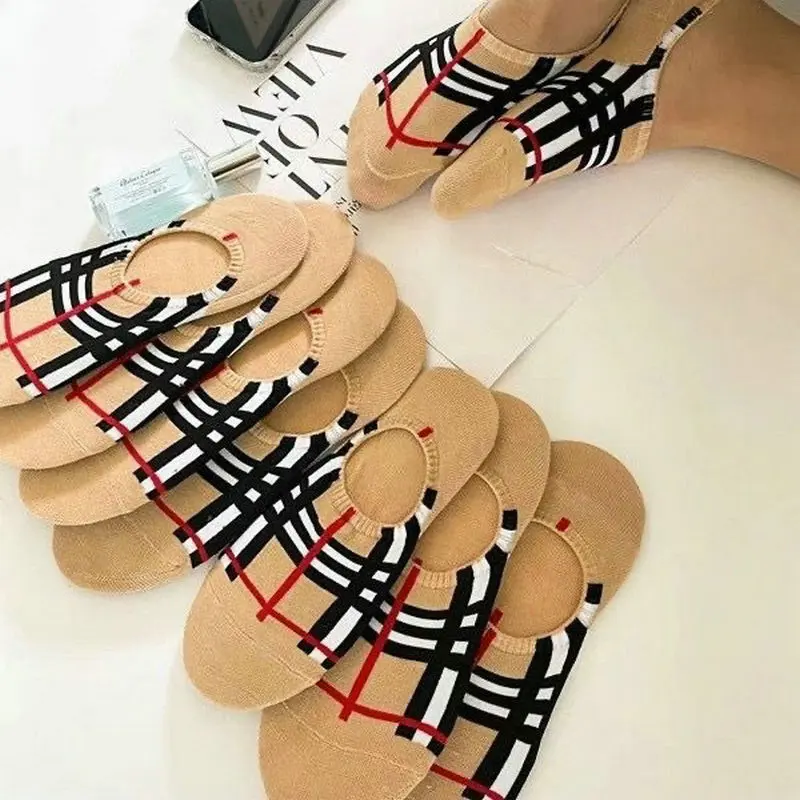 5/10 Pairs 2024 Summer Short Socks Couples Thin Silicone Non-slip Invisible Boat Socks Ins Trendy All-match Plaid Striped Socks