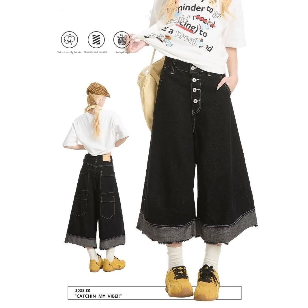 Retro Wide Leg Japanese Splicing Jeans Women's Button Loose Fit CasualHigh Waist Seven-Foot Pants American Design Shorts