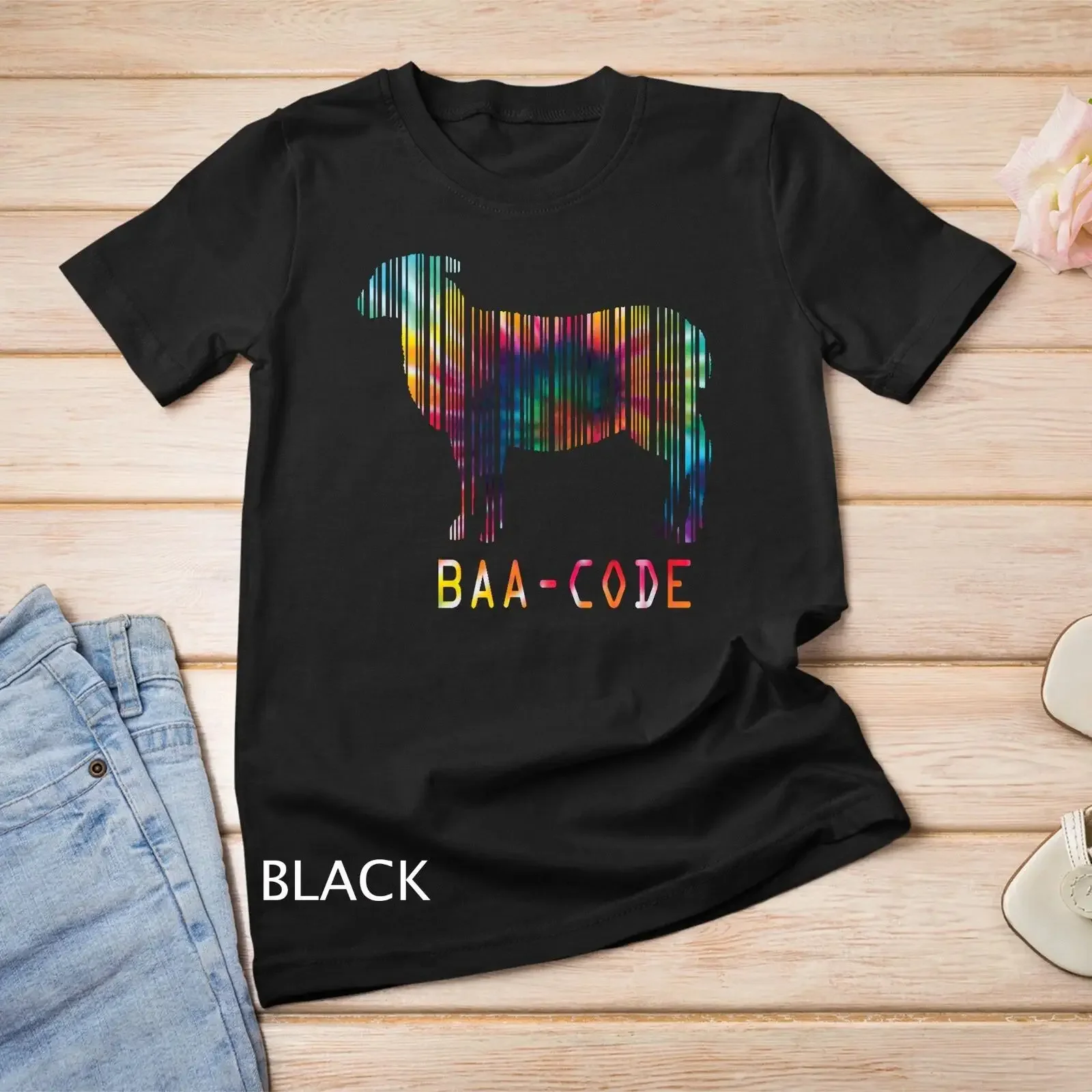 Lustiges Tie-Dye-Schaf-T-Shirt BAA CODE Punny Barcode Vintage Washed Leicht Streetwear Unisex Mode-Designerkleidung