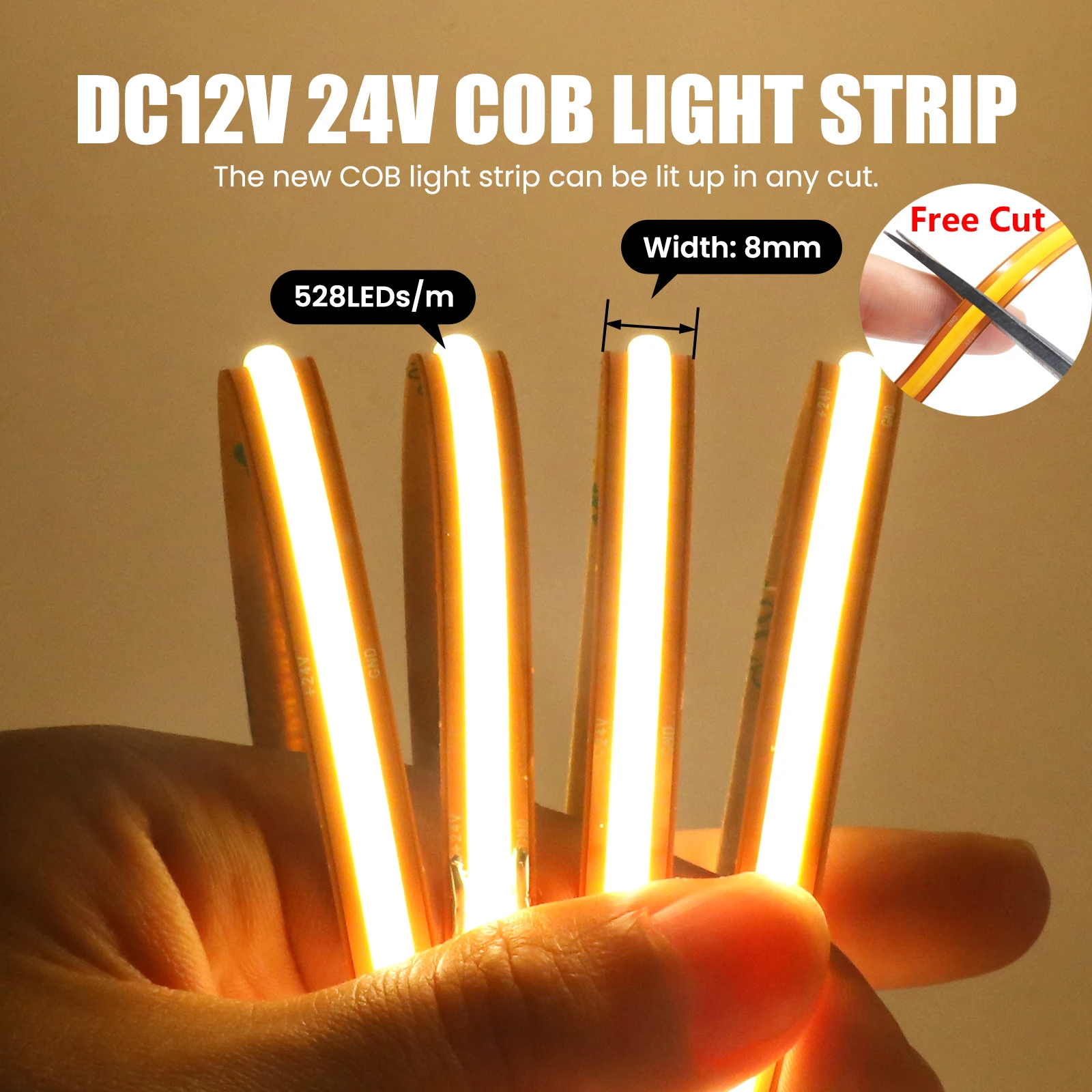 

Free Cut COB LED Strip 12V 24V High Density 528LEDs/m Not Waterproof Flexible Tape for DIY Light Box Kitchen Cabinet Lamp