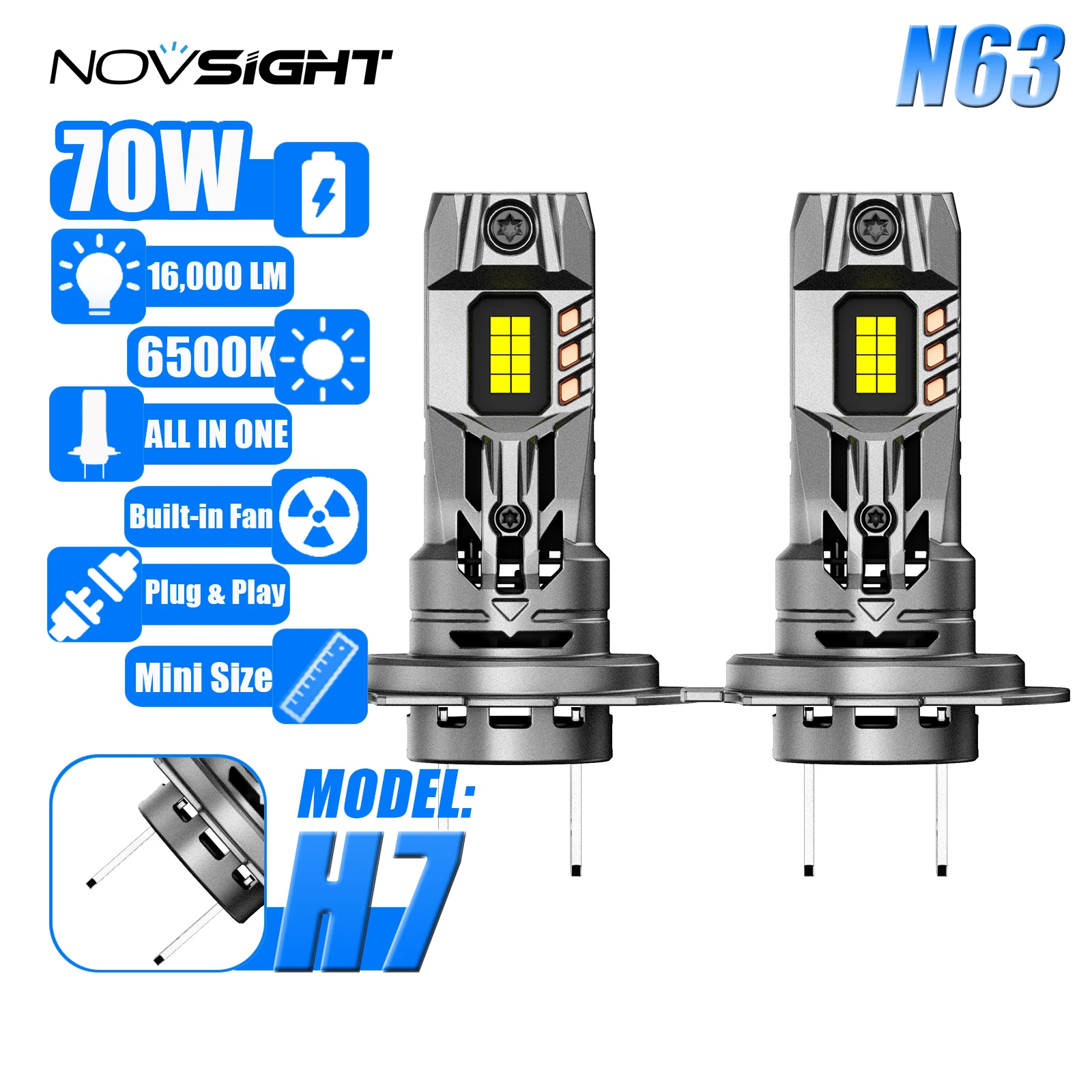 NOVSIGHT H7 H11 LED Car Headlight Auto Head Lamp Bulbs 70W 16000LM 6500K Wireless Easy Install No Adapter Mini1:1 With Fan 9-32V