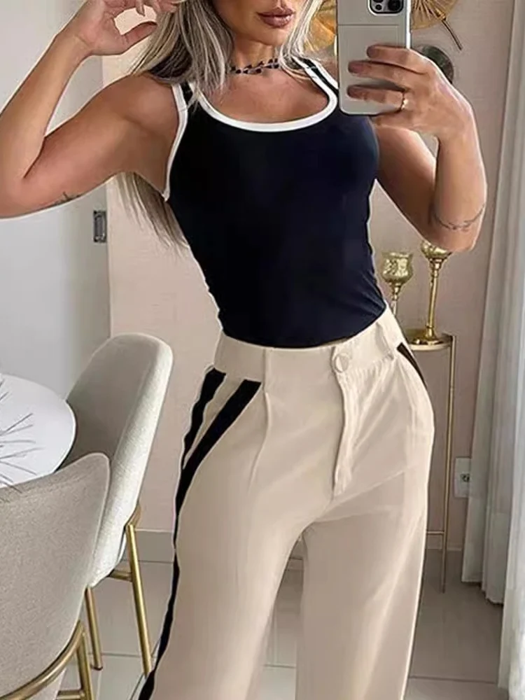 Casual Two Piece Sets Women Outfit Fashion 2024 Spring Contrast Binding Sleeveless Tank Top & Striped Pants Set Female Suits