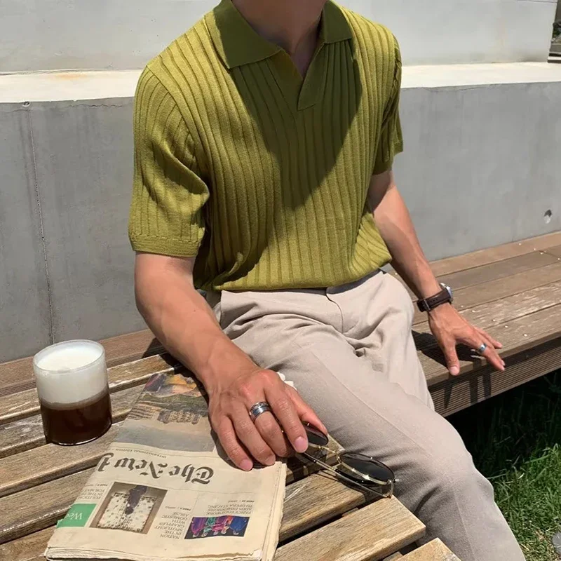 

Fashion Solid Color Ribbed Knit Polo Shirt Men Slim Fit Short Sleeve Tops Tee Summer Temperament Youth Polos Tshirts Clothing