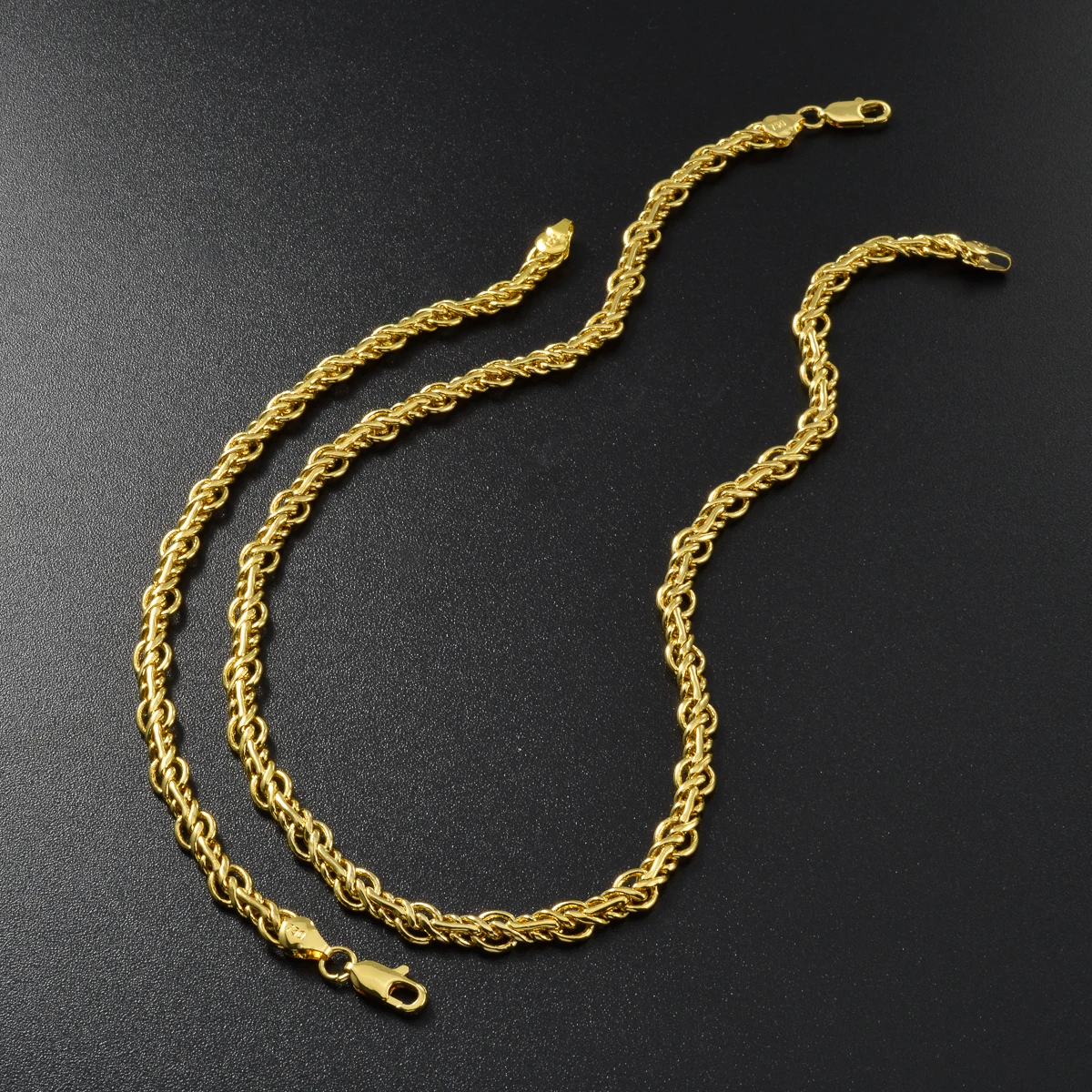 18K Gold Plated Copper Twisted Rope Chain Jewelry Set Unisex Necklace Bracelet Smooth Polished Links For Daily Wear Present