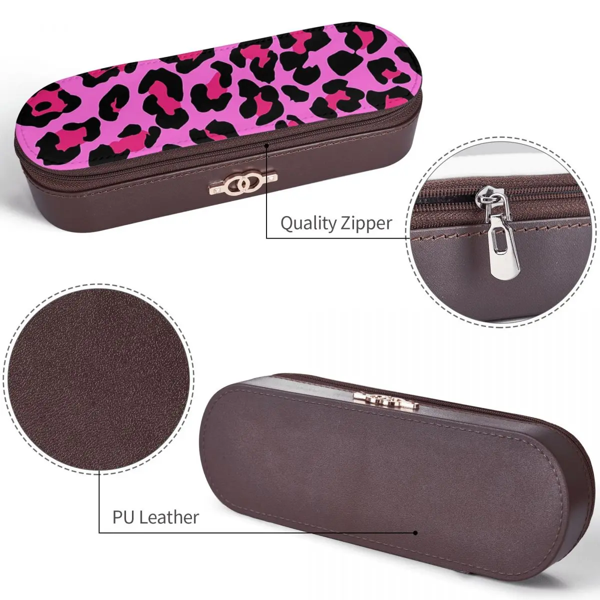 Neon Pink Leopard Print Cheetah Pattern Leather Pencil Cases Pencil Pouch Storage Stationery Supplies Pen Box Pencil Bag forKids