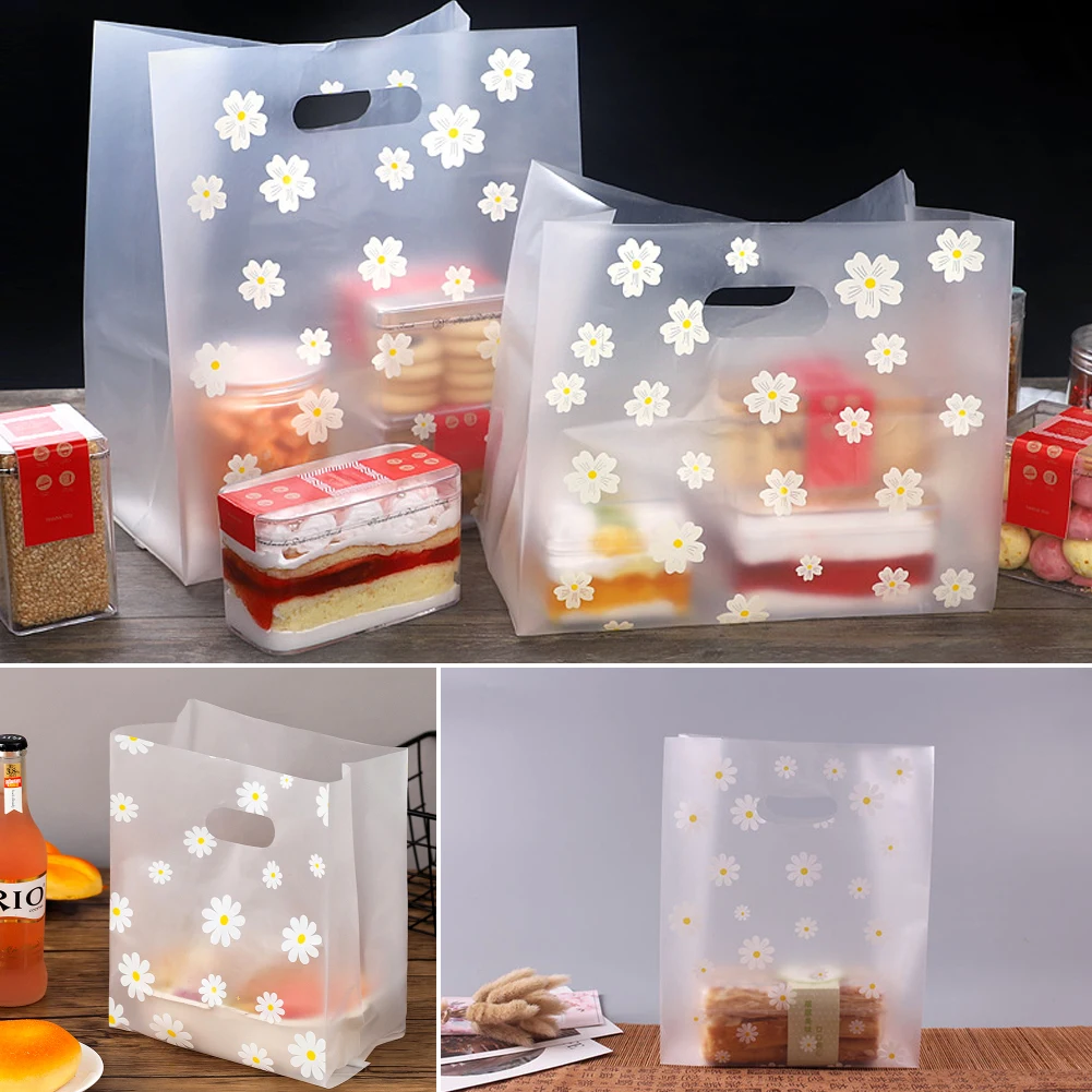 

50pcs Pack Floral Transparent Plastic Bags for DIY Gift Bags with Handles Shop Business Bags Candy Cake Wrapping Food Package