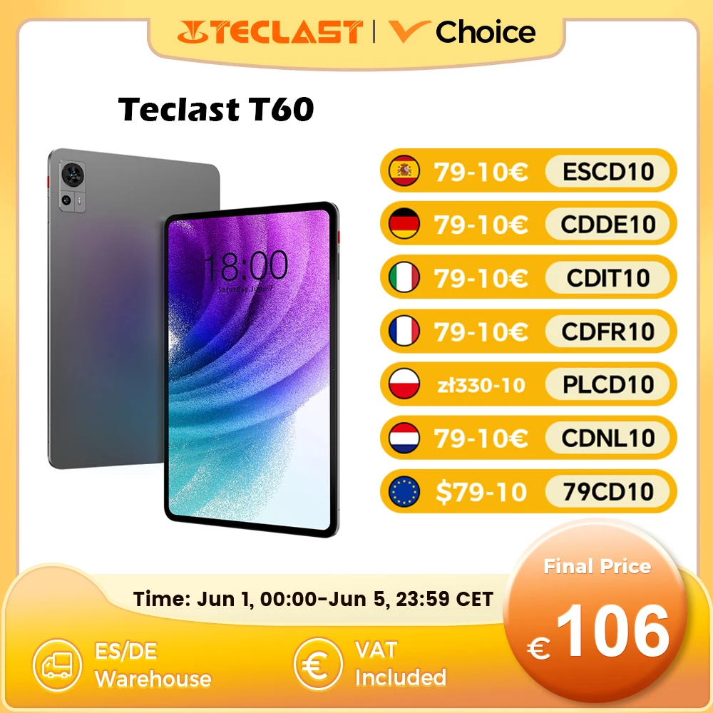 Teclast T60 Tablet 12" Android 14, 2K 90Hz Display, UNISOC T620, Max 20GB RAM, 256GB ROM, 8000mAh,