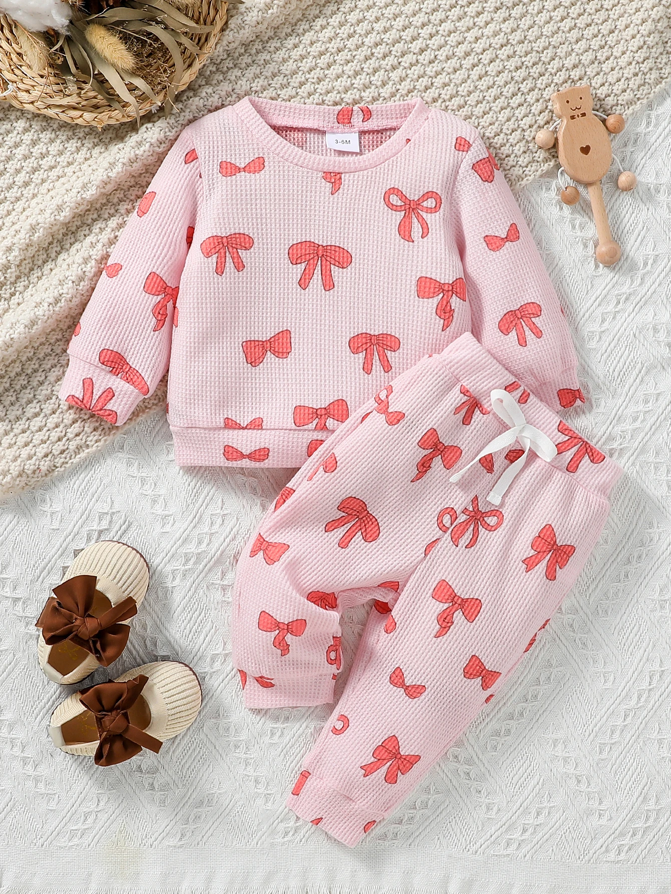 

Baby Girl Fall Pink Outfit Children Bow Print Long Sleeve Crew Neck Sweatshirt &Pants Dressy Set Kids Clothes
