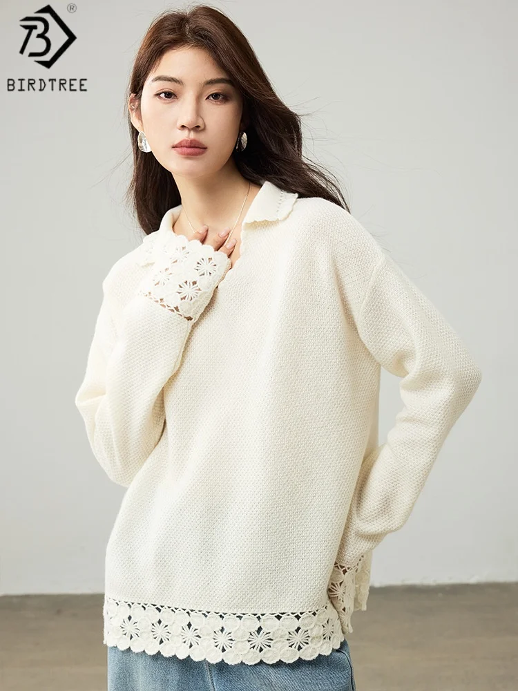 

Birdtree, однотонный вязаный свитер из 100% мериносовой шерсти, женский пуловер с воротником с лацканами и длинными рукавами, вязаные крючком осенние полые топы T59512JF