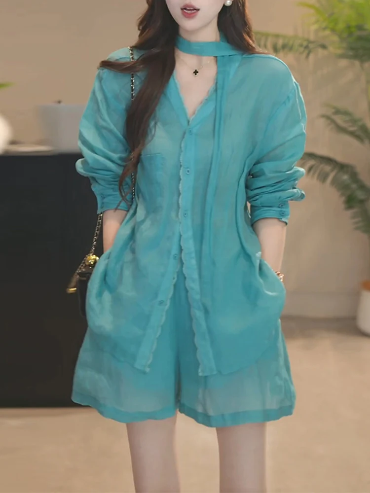 2026 Summer New Style Casual V-neck Long Sleeve Shirt Lace Trim Sash Short Pants Fashionable Unique Set Women's Clothing