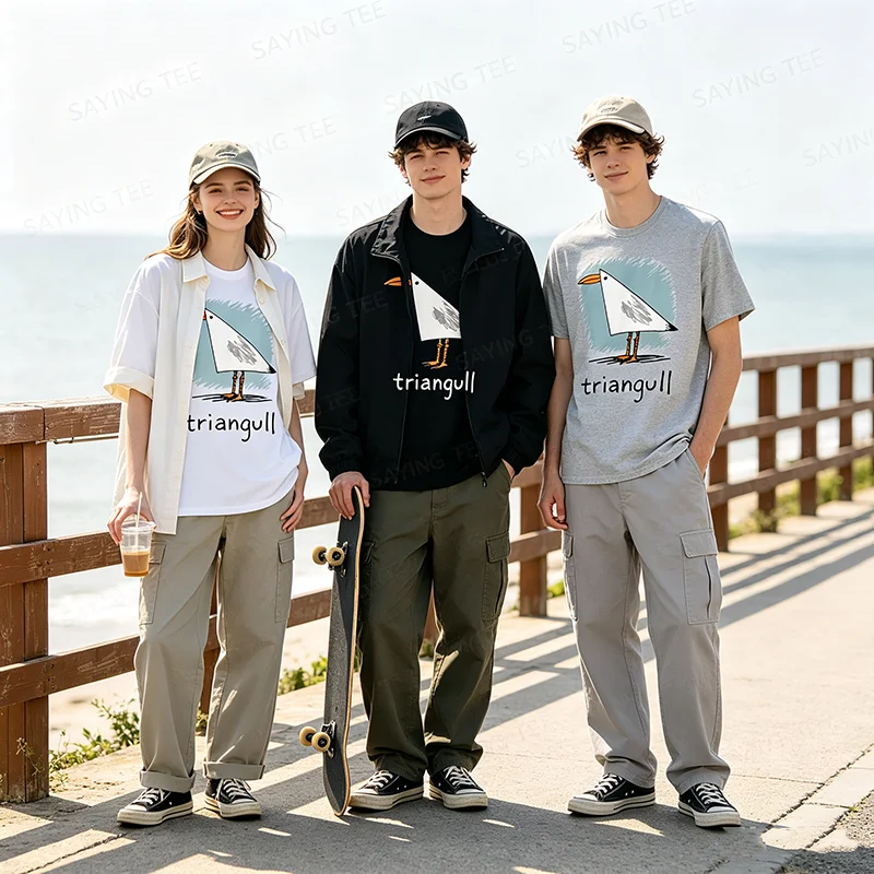 Triangull Dreieck Möwe Vogel Wortspiel Lustiges Strand-T-Shirt Y2k Vogelkunst Grafik-Bekleidung Weiche Baumwolle Kurzarm-T-Shirts Neuheit – Detail 7