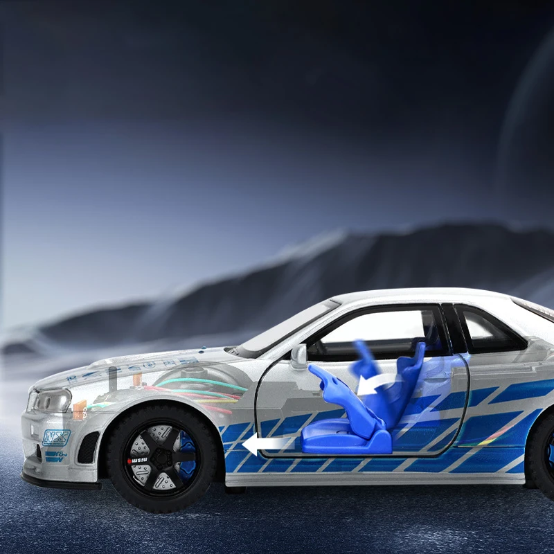 1:32 Scale GTR R34 R35 Diecast Model Sound Light Pull Back high simulation Kid Birthday Gift Collect Orname