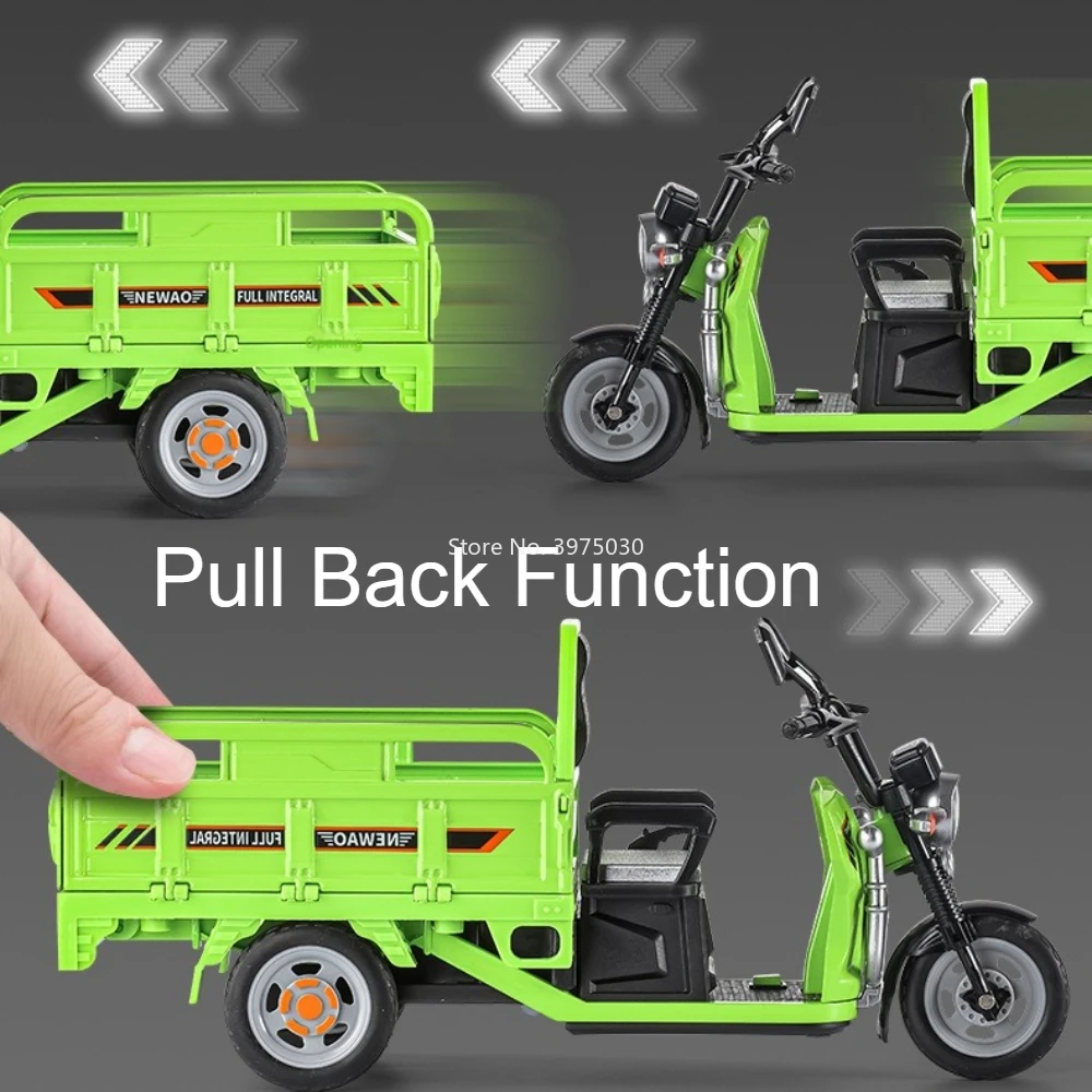 1:12 합금 모터 삼륜차 자동차 장난감 다이캐스트 모델, 조명 및 사운드 포함 미니어처 자동차, 후진 주행 기능, 어린이를 위한 완벽한 선물