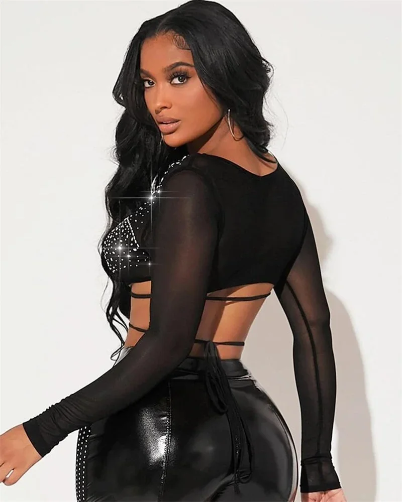 Black Sheer Mesh Birthday Outfits for Women 2 Piece Set Night Club Rhinestones Crop Top and Shorts Rave Outfit Conjuntos Curtos