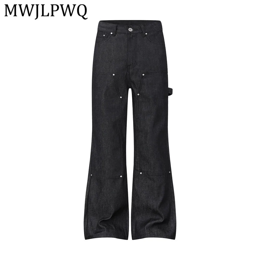 

MWJLPWQ Spring Autumn Patchwork Denim Flared Pants For Men Vibe Trend Metal Design Workwear Street Style Casual Trousers 15350