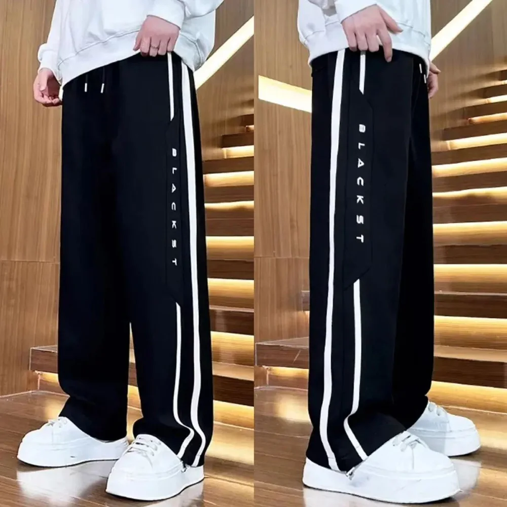 Mens Pants Printed Ribbon Pockets Pants Autumn Casual Streetwear Sports Baggy Joggers Wide Leg Pants Men's Clothing Unisex 2024