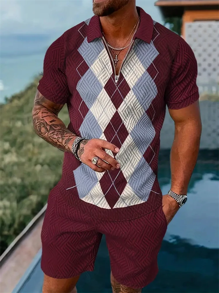 Men's Plaid Printed Short Sleeve New Lapel Zipper Polo Shirt With Shorts Set Summer Men's Temperament Vintage Pool Two Piece Set