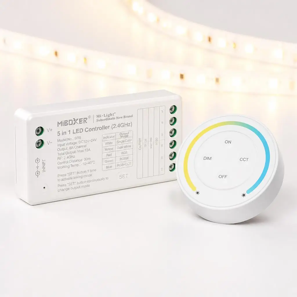 MiBoxer DC12-24V 2.4GHzRF SR5 K5 S1-B  S2W+ 5In1 Single/Dual white RGB RGBW RGB+CCT COB smart Led Strip Light Dimmer Controller