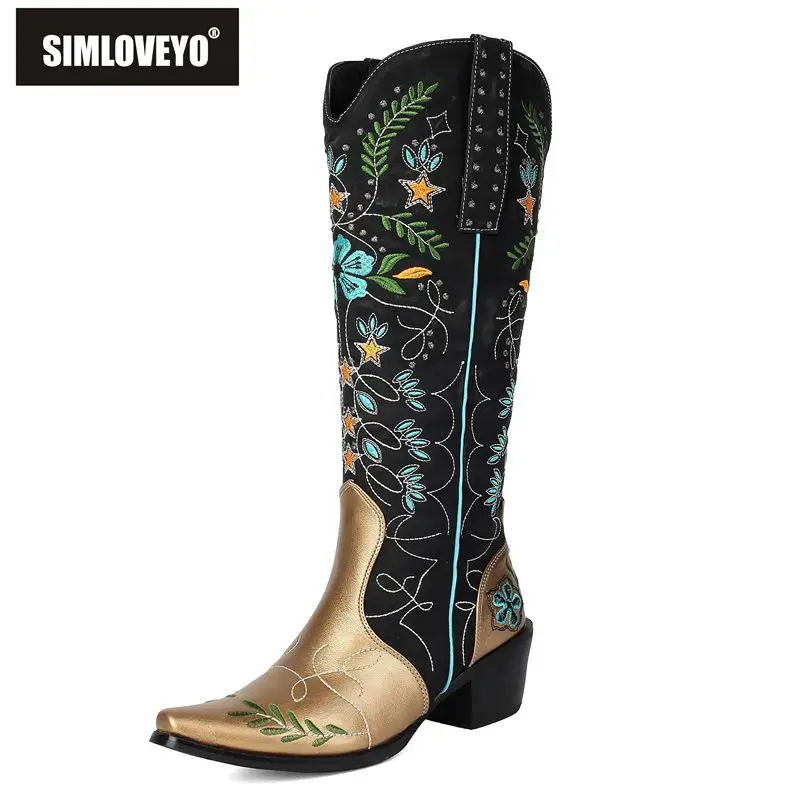

SIMLOVEYO Black Western Boots for Women Square Toe 5.5cm Block Heel Zipper Embroidery Mixed Color Casual Daily Knee High Booties