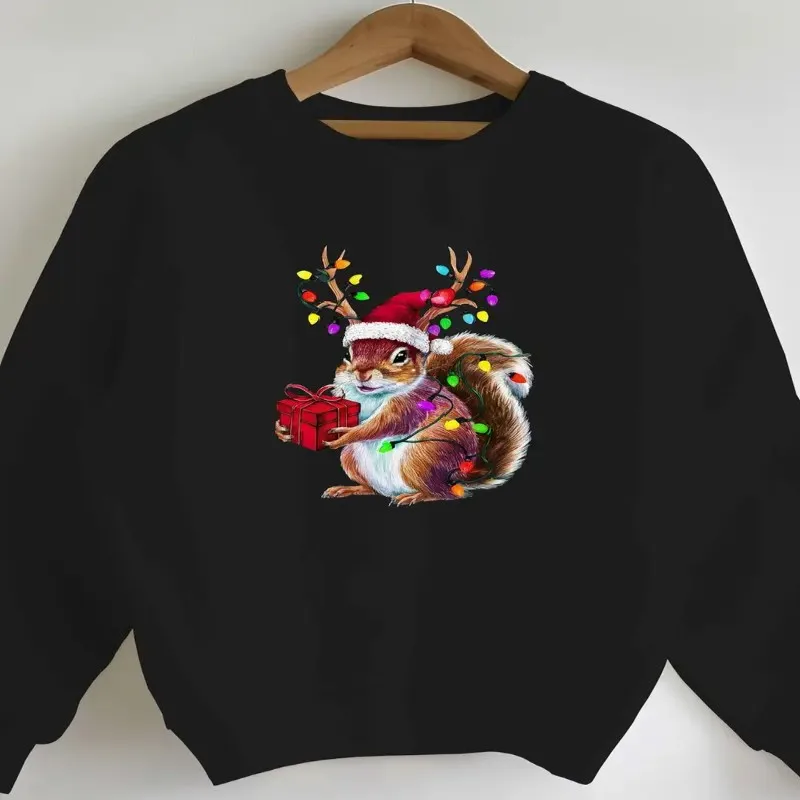

Winter Fall Female Oversize Clothes Women Plus Size Sweatshirt Christmas Squirrel Art Graphic Y2k Breathable Fabric Elegant Top